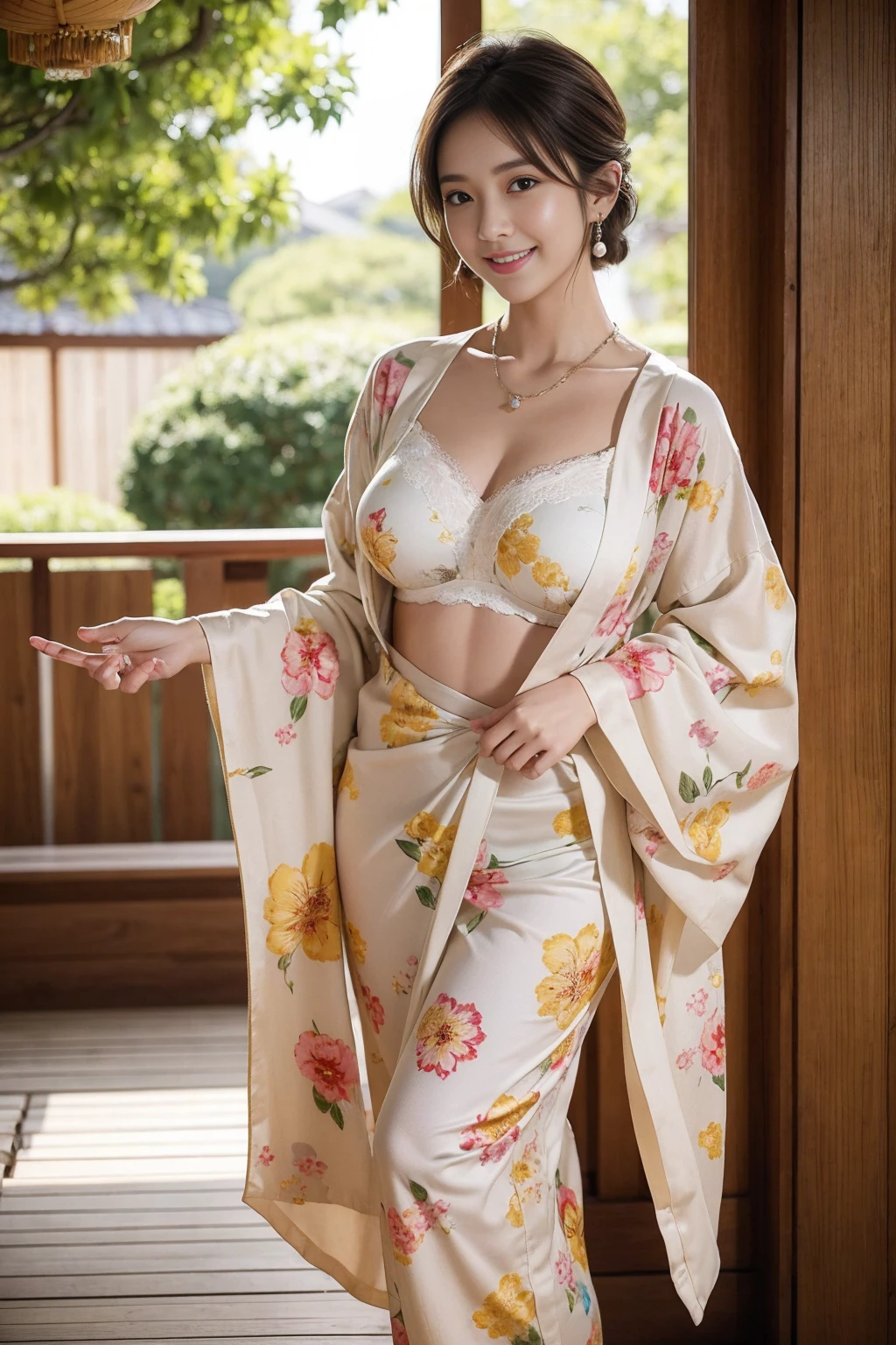 high quality,8K, Detailed facial depiction, Detailed description of the eyes,One Woman, Light brown hair(Short Hair),Beautiful Japanese Girl,24-years-old,Cute eyes,Cute Smile,Yukata beauty,The yellow floral yukata is open and very sexy.,The front of the yukata is open, revealing a sexy bra,Lace underwear,String panties,Slender body, Large, plump breast size, Long and beautiful legs,Smiling, Colorful earrings,necklace,Are standing,Beautiful nape,Japan tatami room,Feminine gestures,Dry landscape garden,wind chimes,