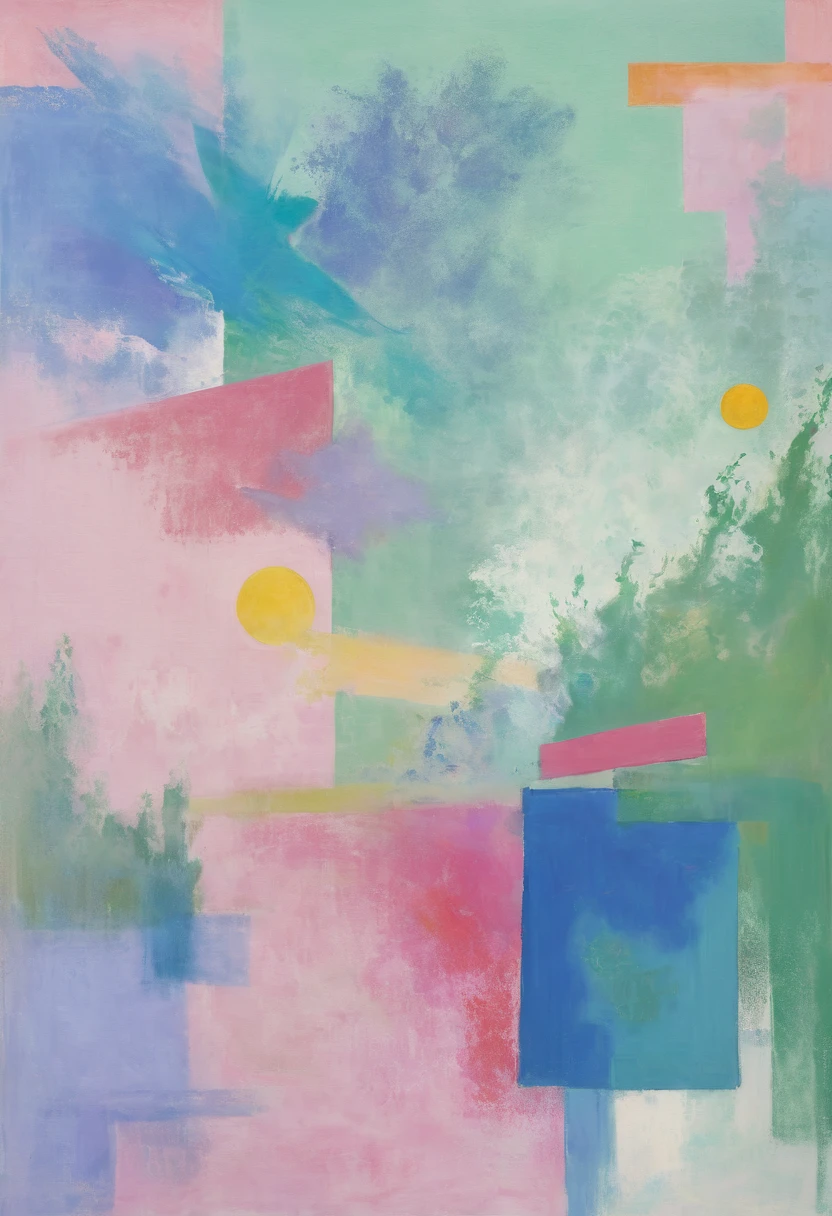 抒情abstract, pink、blue and green mist, 略显abstract, 灵感来自汉斯·Hoffman, abstract现实主义, abstract, abstract丙烯画, abstract技巧, abstract印象派, With this picture carrier,Generate an image with a certain artist(matisse、Hoffman,Cézanne,Chagall,miro)Works in five artist styles,Fusion of five artistic styles,The picture has a certain contemporary quality,Contains contrasting colors,Complementary colors,Adjacent colors,Area comparison,Chiaroscuro,A work with a strong sense of space。Fully reflects the styles and integration of the five artists,Add some details。