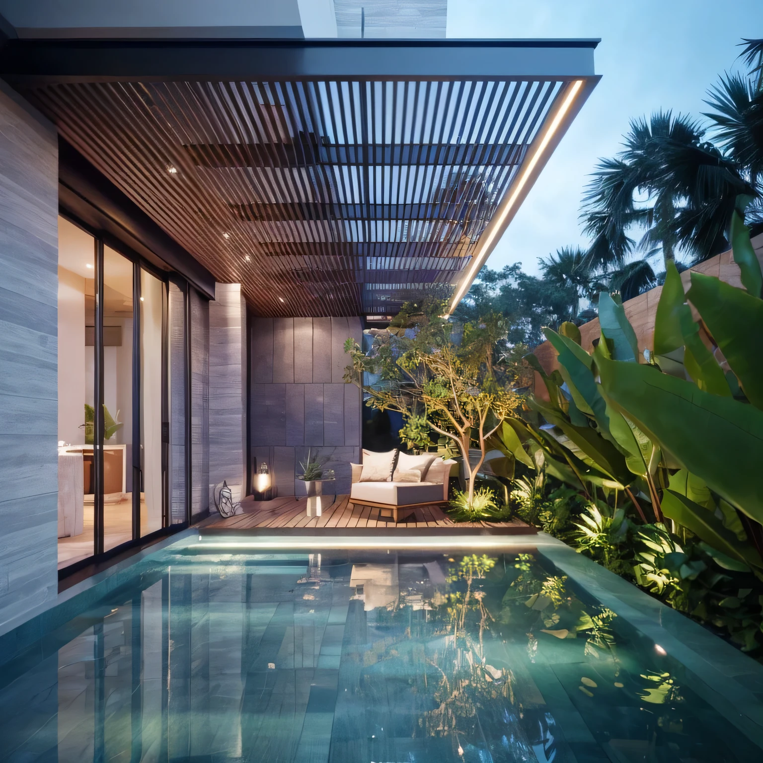 Amazing 3d façade, townhouse type house with 2 floors, from front view, Weather with rain, final de tarde, modern house, Glass panels, Amazing landscaping