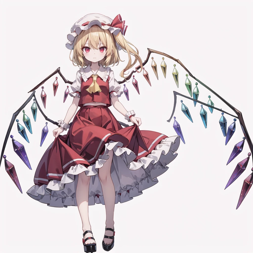 (((one women))),(((flandre scarlet))),(touhou), red eyes, short hair, medium hair, blonde hair, one side up, red eyes, slit pupils, fang, wings, crystal, white headwear, mob cap, red vest, white shirt, collared shirt, frilled shirt collar, yellow ascot, puffy short sleeves, frilled sleeves, wrist cuffs, red skirt, skirt set, frilled skirt, red ribbon, hat ribbon, back bow, white bow, laevatein (touhou), holding,(((full body))),(((model posing,standing))),(((white background))),(((Diagonal angle)))