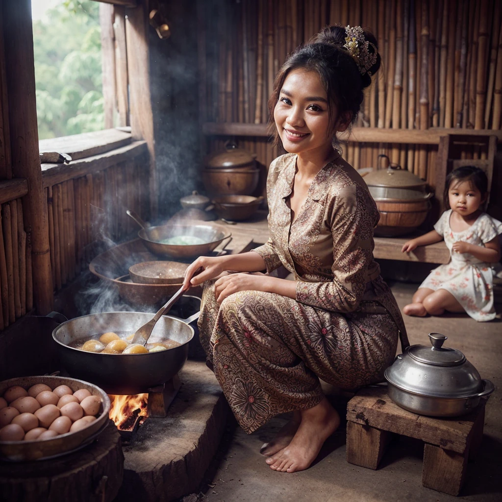 a very beautiful oval face Indonesian woman, 24 years old, ideal body, wearing a kebaya and batik jarik cloth, hair up. sitting on a wooden bench. cooking in the kitchen using firewood there is a clay stove, Boil eggs in boiling water. bamboo wall background, and old kitchen utensils. the floor is still dirt. smiling gently and very sweetly. Beside him was a 2 year old girl playing,