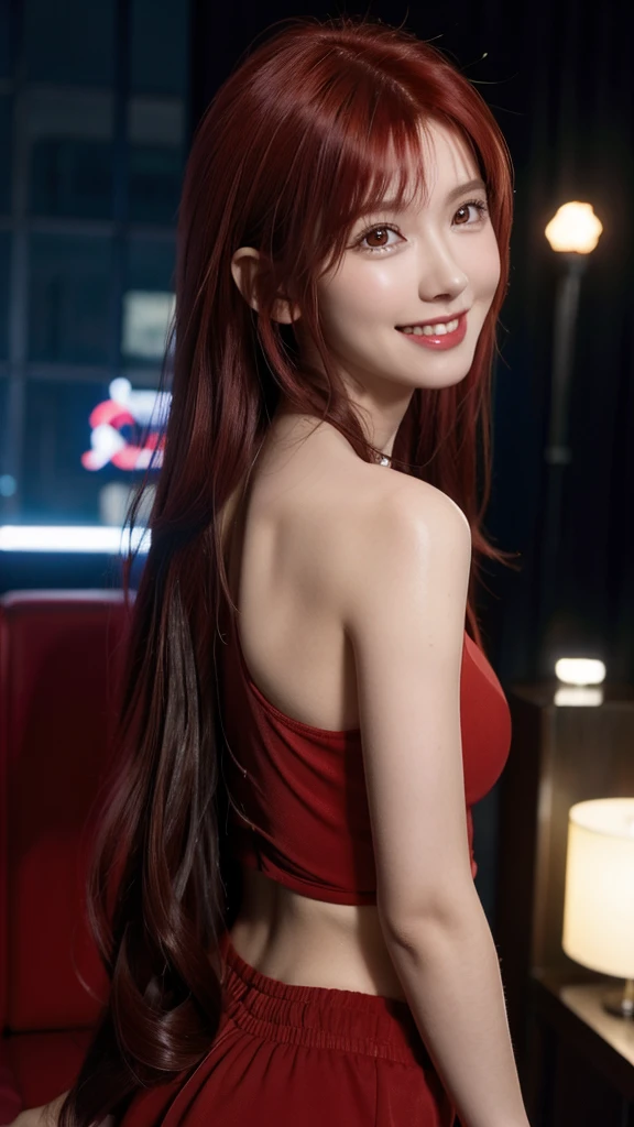 red hair, Anna Maria, The angle seen from below, club, night, photo of a bright smile