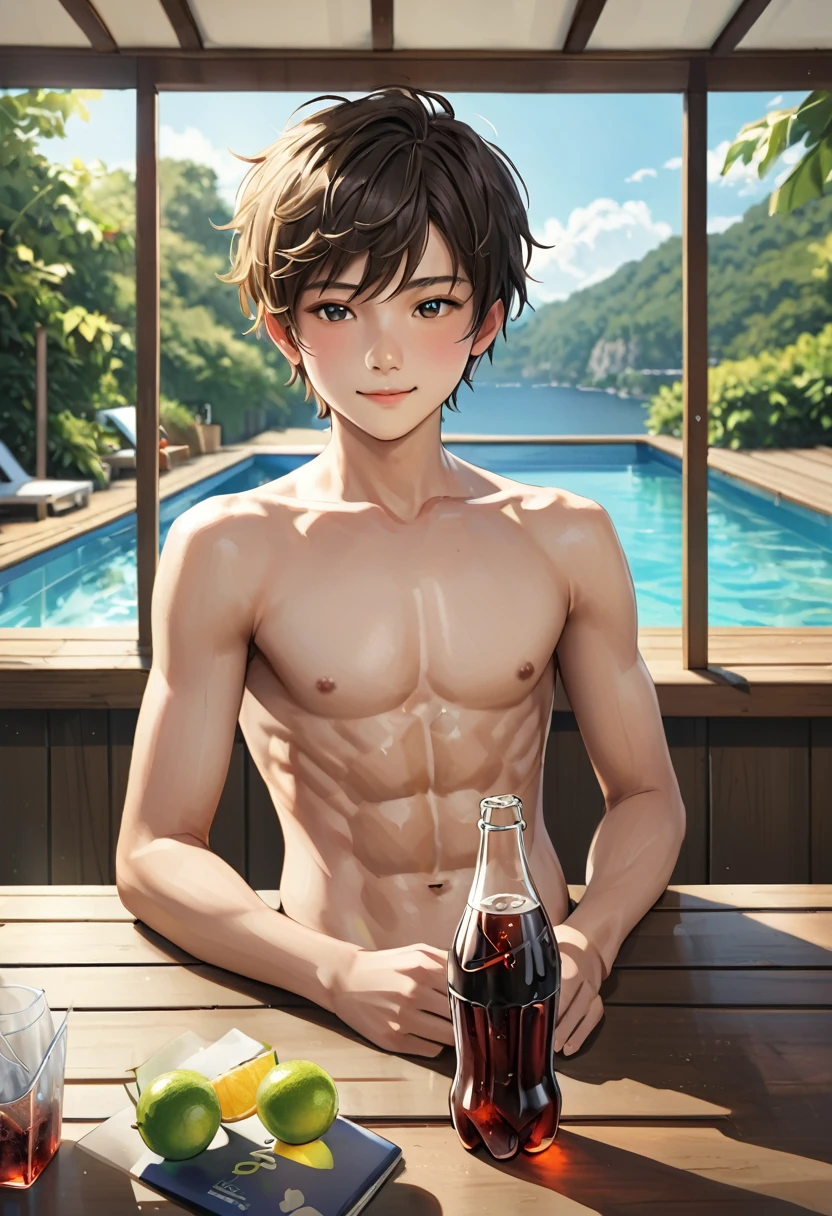 Realistic, a glass bottle of soda, on the table, summer noon, a  y/o idol boy, --no shirt, abs, (smile:0.7)