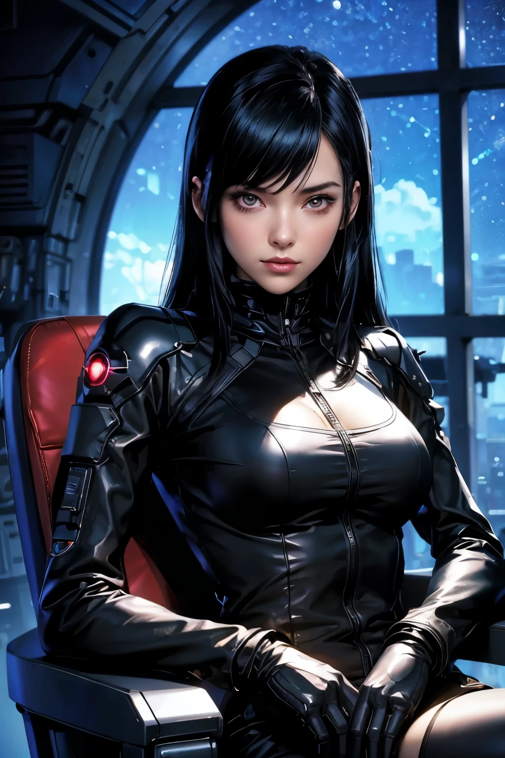 Close-up of a woman in a black suit sitting on a chair, Cyberpunk girl with jet black hair, Chris Moore. art gelm, art gelm jsc, Android Heroine, kate bishop, range murata and art gelm, Nano Girl, Perfect anime cyborg woman, Cassandra Cain in Satin, Beautiful female android!, krenz cushart and art gelm