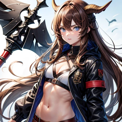 Brown haired Minotaur Blue-eyed beautiful boy Cow horn Cow earless Have a battle axe long hair Crossdresser Wearing a jacket ビキニ