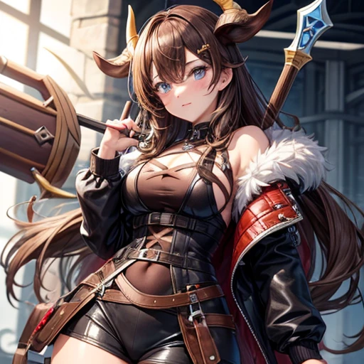 Brown haired Minotaur Blue-eyed beautiful boy Cow horn Cow earless Have a battle axe long hair Crossdresser Wearing a jacket ビキニ