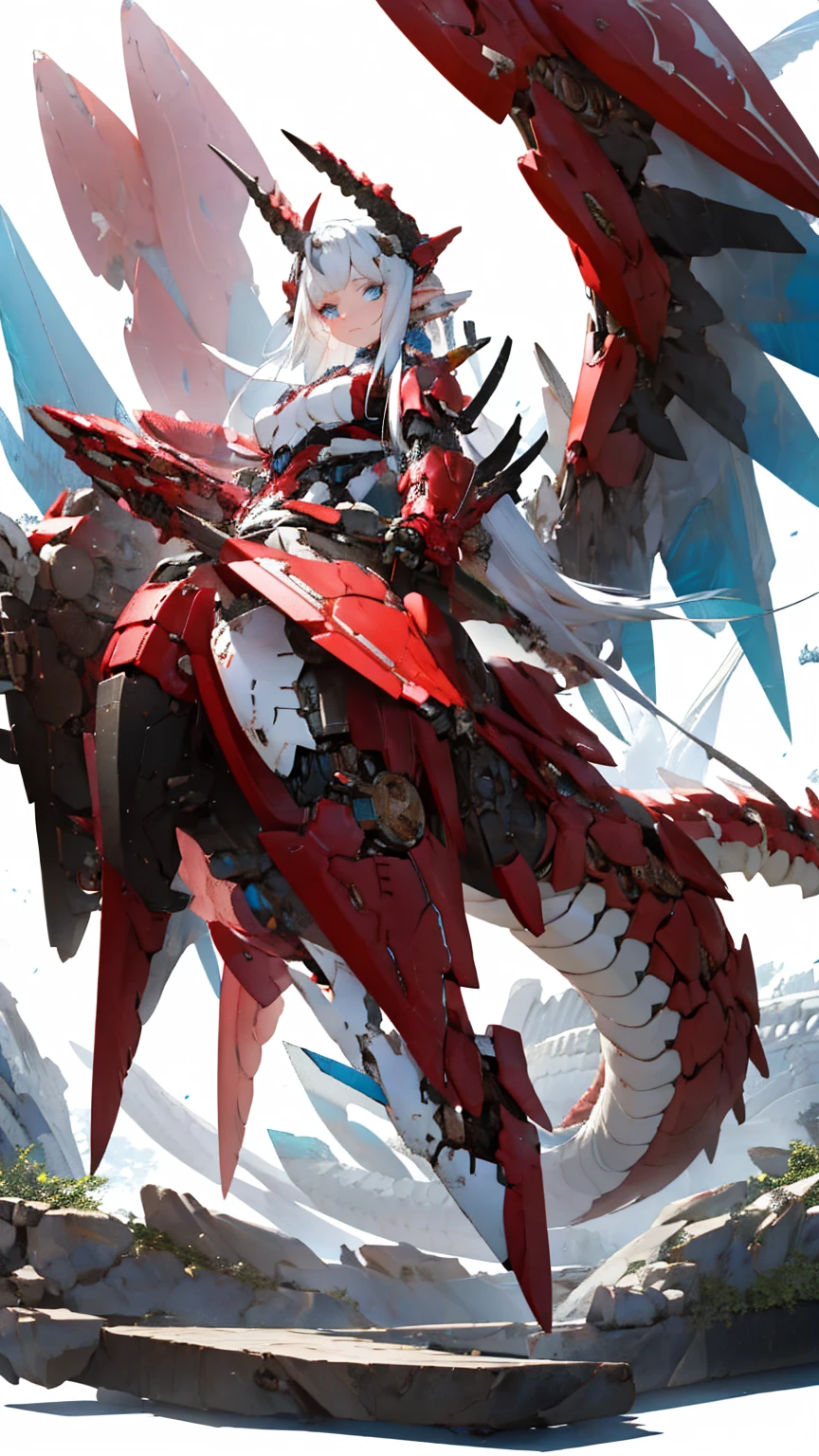 White hair, blue eyes, Celestial dragon, black horn, gigantic dragon wing