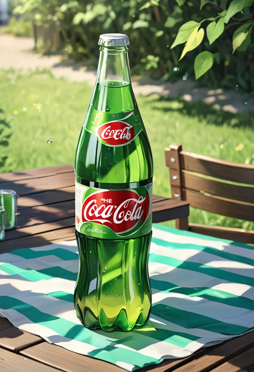 Realistic, a green glass bottle of soda, on the table, summer noon,
