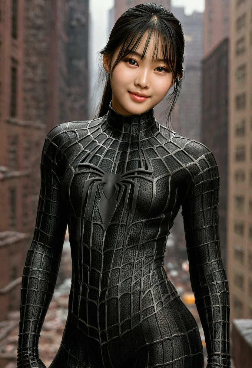 score_9, score_8_up, score_7_up, best quality, realistic, masterpiece, beautiful detail, hyperrealistic, (1girl, woman body, large breast, smile), amazing detailed full body portrait of a beautiful ulzzang girl, wearing a realistic and highly detailed black raimi spider-man suit, ((huge muscular girl)), professional model wears ultra - detailed black raimi spider - man suit, ultra - detailed and grained black raimi spiderman suit, suit covered entire body and hand, black spiderman gloves, wet, (cute pose), (full body), (dirty skin), close up, octane render, highly detailed, volumetric, dramatic lighting, (highest quality:1.1), (HDR:1.3), (top quality, best quality), realistic, high definition,