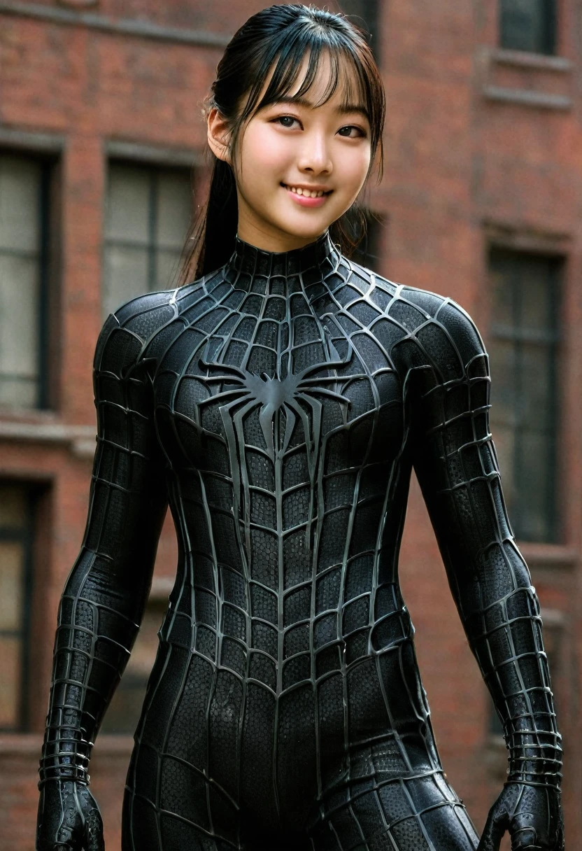 score_9, score_8_up, score_7_up, best quality, realistic, masterpiece, beautiful detail, hyperrealistic, (1girl, woman body, large breast, smile), amazing detailed full body portrait of a beautiful ulzzang girl, wearing a realistic and highly detailed black raimi spider-man suit, ((huge muscular girl)), professional model wears ultra - detailed black raimi spider - man suit, ultra - detailed and grained black raimi spiderman suit, suit covered entire body and hand, black spiderman gloves, wet, (cute pose), (full body), (dirty skin), close up, octane render, highly detailed, volumetric, dramatic lighting, (highest quality:1.1), (HDR:1.3), (top quality, best quality), realistic, high definition,