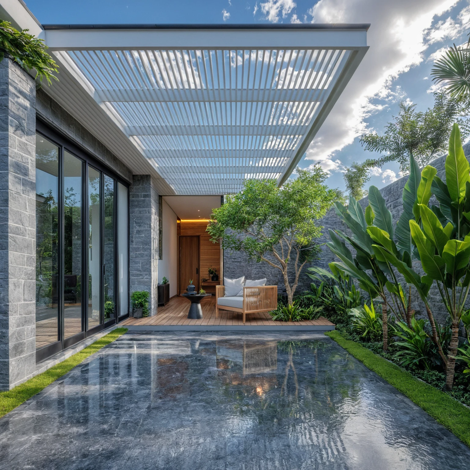 Masterpiece, high quality, best quality, 3d rendering, super detailed, outdoor, two-story villa, aiaigroup, modern house style on the street, stairs, white wall, accent wall Gray stone cladding on the left, road, sidewalk, grass, trees, sky, clouds, (daylight: 1.1)