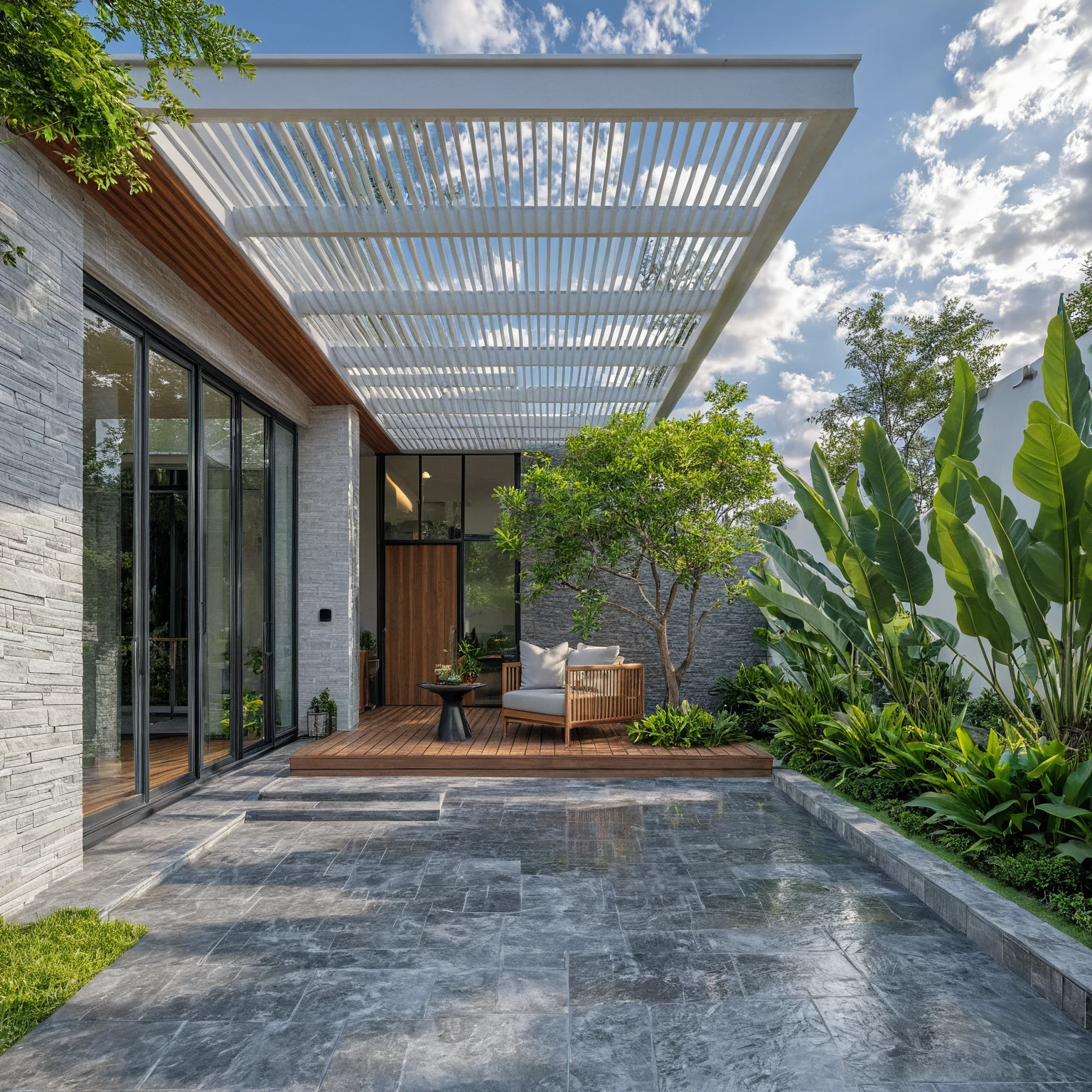 Masterpiece, high quality, best quality, 3d rendering, super detailed, outdoor, two-story villa, aiaigroup, modern house style on the street, stairs, white wall, accent wall Gray stone cladding on the left, road, sidewalk, grass, trees, sky, clouds, (daylight: 1.1)