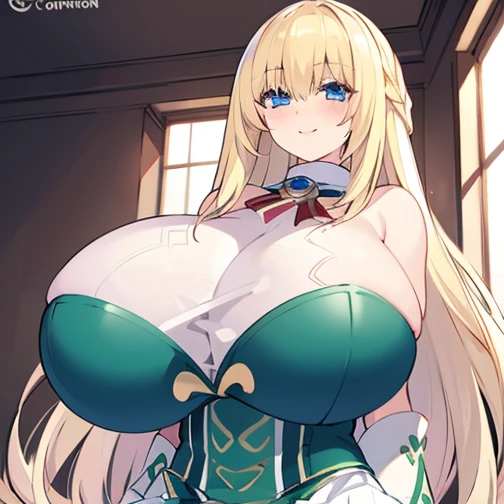 8k, 4k, intricate details, cinematic lighting, stunning environment, ornate, (realistic:1.1), detailed face, detailed eyes, detailed shadows, 1girl, curvy, blonde hair, blue eyes, blush, breasts, huge breasts, long hair, looking at viewer, white pantyhose, green and white dress, smile, solo, (vert_/neptune series/:1.1), very long hair, white gloves, white pantyhose,