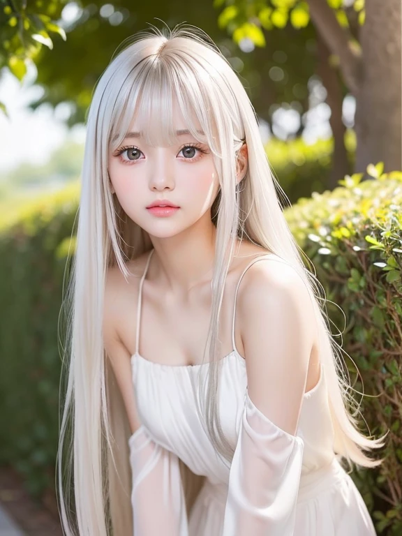 Silky skin and glowing cheeks、A very beautiful and adorable 20 year old girl、((Long bangs that reach down to the nose and between the eyes,,,))、Beautiful and cute young woman with very long, silvery, silky platinum blonde hair、Very beautiful pale yellow eyes shining、Bright expression、Summery clothes、Flat Chest、