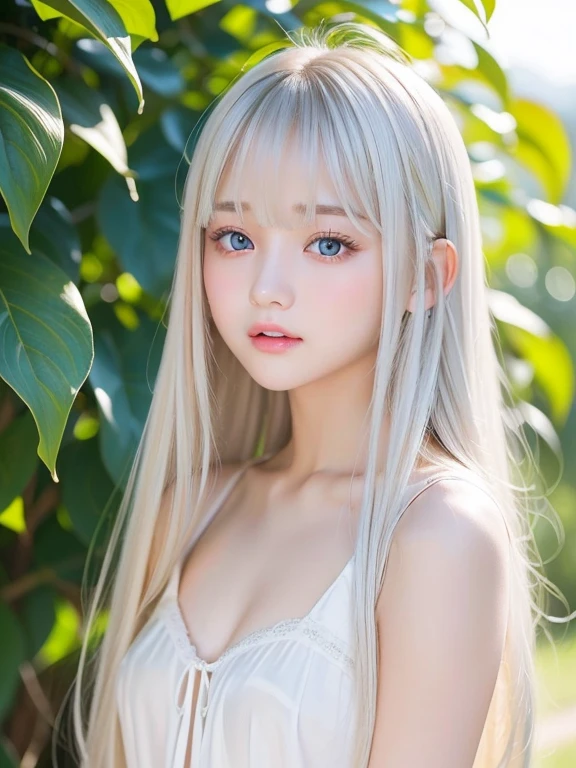 Silky skin and glowing cheeks、A very beautiful and adorable 20 year old girl、((Long bangs that reach down to the nose and between the eyes,,,))、Beautiful and cute young woman with very long, silvery, silky platinum blonde hair、Very beautiful pale yellow eyes shining、Bright expression、Summery clothes、Flat Chest、