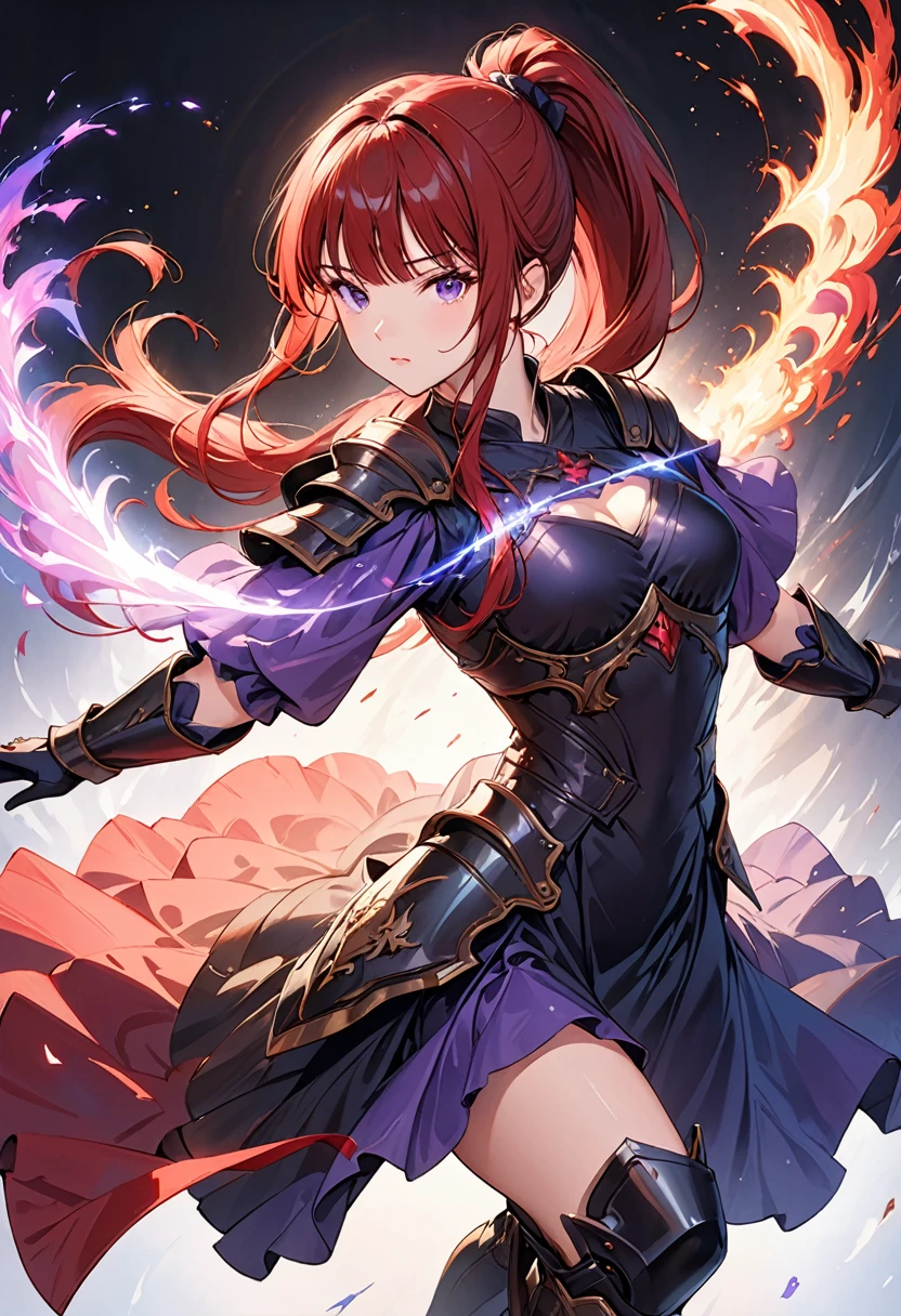 ((Top Quality)), ((Masterpiece)), (Detail), high resolution, Perfect Face, Fine Eyes, detailed eyes, Depth of Field, Special Shading, (photorealistic), (full body), (1 beautiful girl), sharp eyes, Dynamic posture, medium breasts, (red hair, long hair, high ponytail, blunt bangs), ((Dark looking outfits, armor Dresses)) BREAK (aura effect1.2), She wears a purple aura, Intense battle scenes, Light particles, (simple black background)