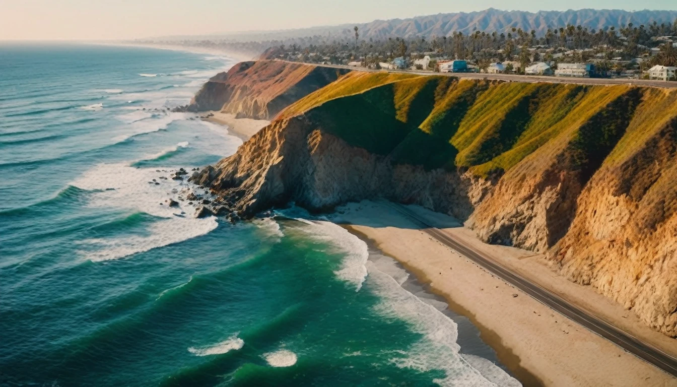 Drone view of waves crashing against the rugged cliffs along near Los Angeles, California's beach in 3060 morning time, soft pink morning light on the sky.  The crashing blue waters create white-tipped waves, while the soft pink light of the rising sun illuminates the shore. the dystopian futuristic megacity. with so many different styled skyscrapers in the distance.There are a bunch of huge skyscrapers on the horizon.The steep drop from the road down to the beach is a dramatic feat, with the cliff’s edges jutting out over the sea. This is a view that captures the raw beauty of the coast and the rugged landscape.Photorealistic Reflections on the water, realistic splashing waves, real water surface. Extremely highly intricate details and photorealistic materials.Photorealistic Reflections.Natural lights, neutral colors, lomochrome,dramatic, dynamic composition. Consistent structure of the buildings, static environment,consistent movement of the camera.Contrast lighting, volumetric lighting, best shadows,sharp focus, depth pf field, Realism, Cinematic, Photoreal,Panavision 70s movie styled in color, celluloid, uhd, hdr, 4k, 35mm film Screengrab a 1950s Super Panavision 70 film, in color. Best shadows, best quality. Lifelike textures, sharp focus, depth of field, realism, photorealism, vintage color tones, cinematic lighting, contrast lighting, soft front light, insanely intricate details, hdr, uhd, 8k, 35 mm film, analog camera shot.