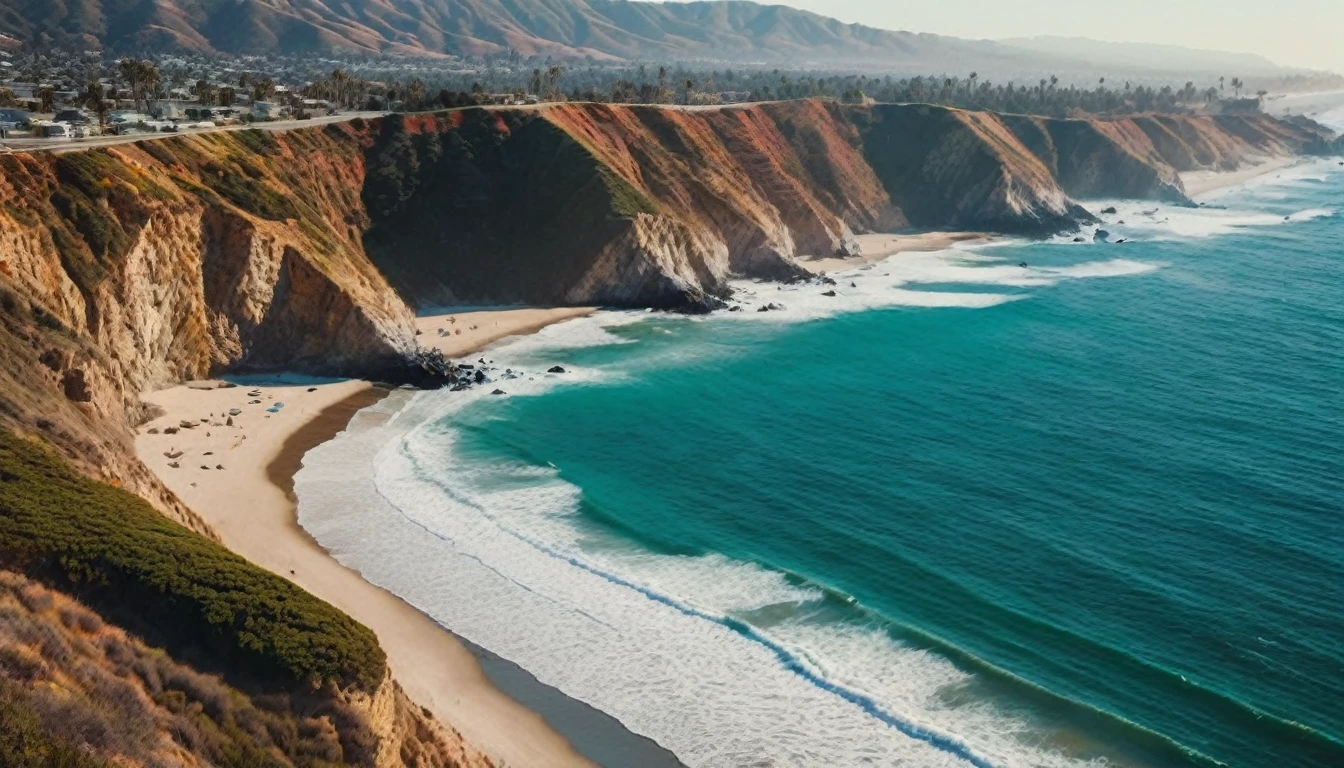Drone view of waves crashing against the rugged cliffs along near Los Angeles, California's beach in 3060 morning time, soft pink morning light on the sky. The crashing blue waters create white-tipped waves, while the soft pink light of the rising sun illuminates the shore. the dystopian futuristic megacity. with so many different styled skyscrapers in the distance.There are a bunch of huge skyscrapers on the horizon.The steep drop from the road down to the beach is a dramatic feat, with the cliff’s edges jutting out over the sea. This is a view that captures the raw beauty of the coast and the rugged landscape.Photorealistic Reflections on the water, realistic splashing waves, real water surface. Extremely highly intricate details and photorealistic materials.Photorealistic Reflections.Natural lights, neutral colors, lomochrome,dramatic, dynamic composition. Consistent structure of the buildings, static environment,consistent movement of the camera.Contrast lighting, volumetric lighting, best shadows,sharp focus, depth pf field, Realism, Cinematic, Photoreal,Panavision 70s movie styled in color, celluloid, uhd, hdr, 4k, 35mm film Screengrab a 1950s Super Panavision 70 film, in color. Best shadows, best quality. Lifelike textures, sharp focus, depth of field, realism, photorealism, vintage color tones, cinematic lighting, contrast lighting, soft front light, insanely intricate details, hdr, uhd, 8k, 35 mm film, analog camera shot.