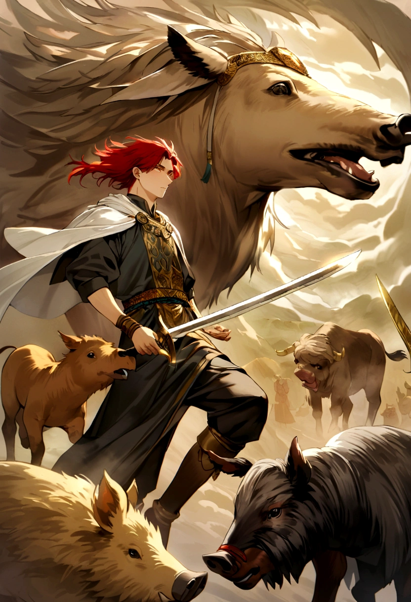 A brave youth boy with red hair and golden eys, he is wearing an acient persian cloak and holding a shamshir sword on hand. Behind he is a sacred raptor, a boar, a bull, a gale, a white ram, a black goat, a white stallion, a youth boy, a ancient persian warrior and a gold camel.