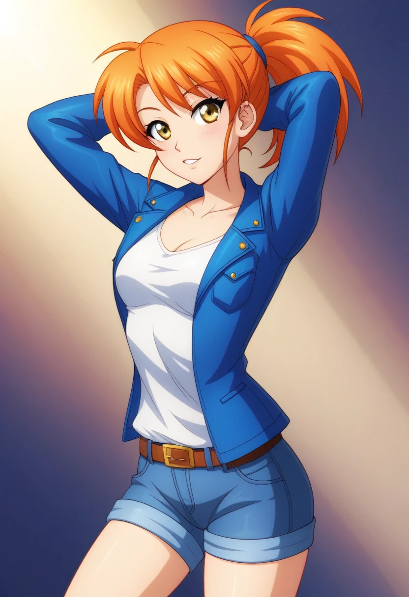 (Masterpiece, Best Quality, High Quality), facing viewer,volumetric lighting, illustration, beautiful, tight , Blushing, looking at viewer, blue leather bra top, blue leather small jacket, blue leather shorts,solo, posing for picture, seductive, perfect lighting, perfect shadows,Hoshizora rin, orange hair, yellow eyes ,1980s \(style\),arms up behind head