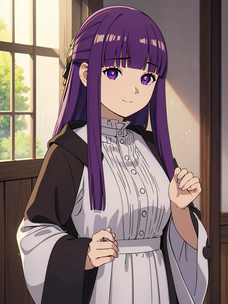 è²ä¼¦,1girl,solo,purple hair,long hair,purple eyes,blunt bangs,sidelocks,half updo,bright pupils, hair ornament,frilled collar,black robe,white dress,center frills,buttons,wide sleeves,long sleeves,curvy,cowboy shot,brown coat,from side,smile,, Exquisite visuals, high-definition,masterpiece,best quality,, 20yo,Young female,Beautiful Finger,Beautiful long legs,Beautiful body,Beautiful Nose,Beautiful character design, perfect eyes, perfect face,expressive eyes, looking at viewer, official art,extremely detailed CG unity 8k wallpaper, perfect lighting,Colorful, Bright_Front_face_Lighting,shiny skin, (masterpiece:1.0),(best_quality:1.0), ultra high res,4K,ultra-detailed, photography, 8K, HDR, highres, absurdres:1.2, Kodak portra 400, film grain, blurry background, bokeh:1.2, lens flare, (vibrant_color:1.2), (beautiful_face:1.5),(narrow_waist), 