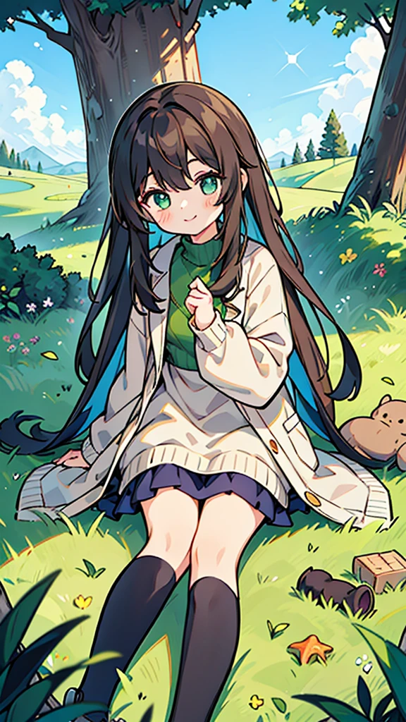 Dark-haired 12-year-old girl,Eyes as green as peridot,DC sea long hair,Wearing a modern light brown sweater jacket and long black stockings,Sitting under the big tree and grass,There is blue sky,With a smile,Ultra HD,Delicate and delicate fingers,masterpiece,Colorful