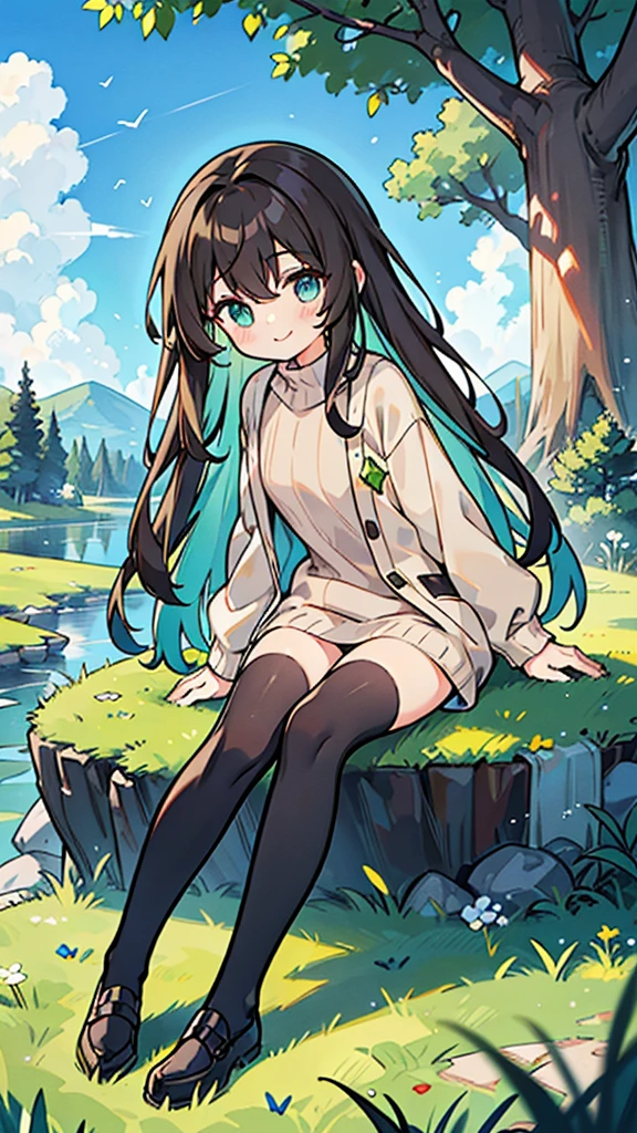 Dark-haired 12-year-old girl,Eyes as green as peridot,DC sea long hair,Wearing a modern light brown sweater jacket and long black stockings,Sitting under the big tree and grass,There is blue sky，With a smile，Ultra HD，Delicate and delicate fingers，masterpiece，Colorful