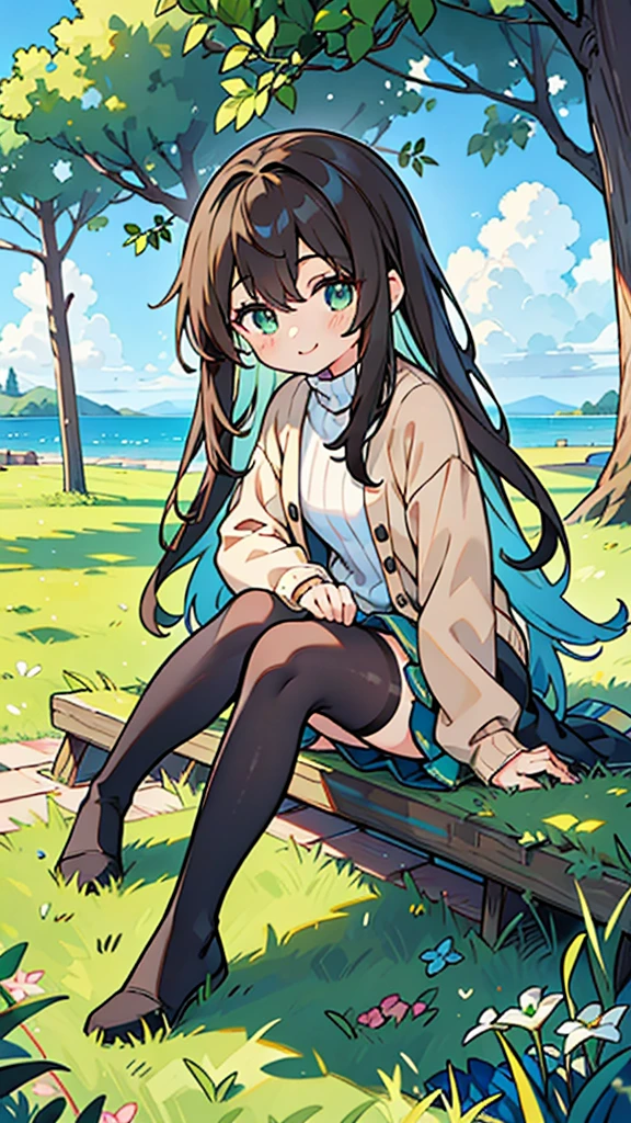 Dark-haired 12-year-old girl,Eyes as green as peridot,DC sea long hair,Wearing a modern light brown sweater jacket and long black stockings,Sitting under the big tree and grass,There is blue sky，With a smile，Ultra HD，Delicate and delicate fingers，masterpiece，Colorful