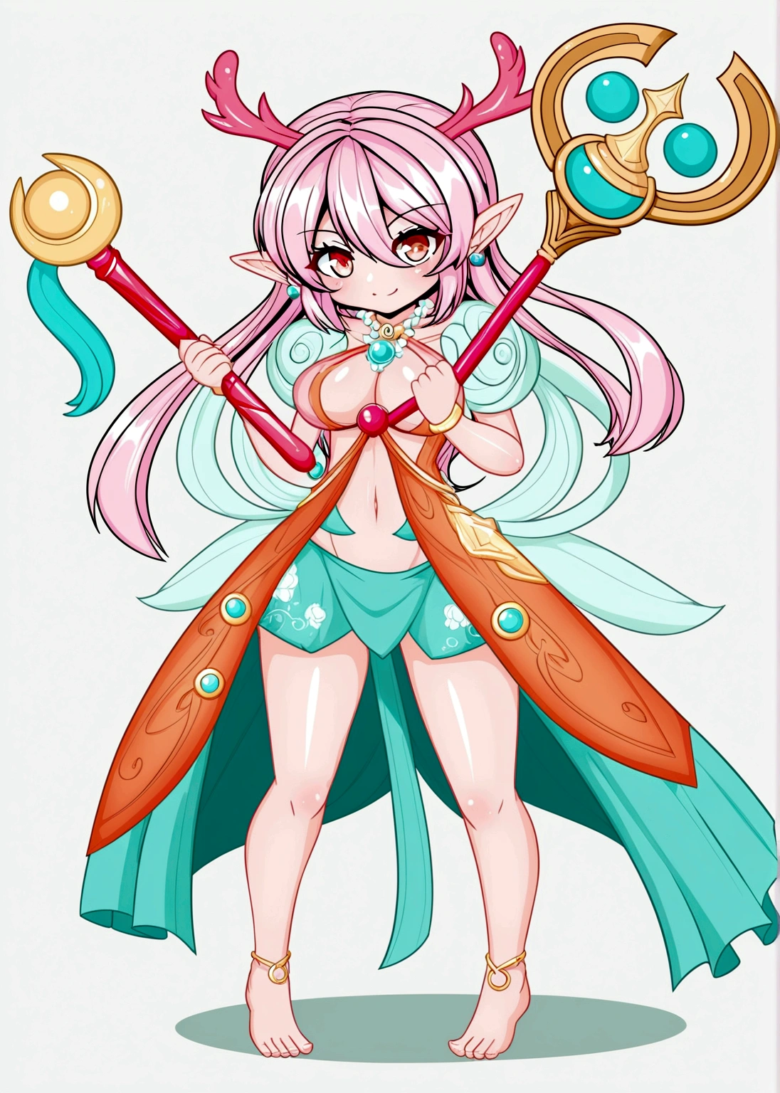 Cartoon anime style,beautiful girl,Fluffy pink hair,antlers,Elf ears,orangeskirt,Scepter,Standing barefoot,Foot ring