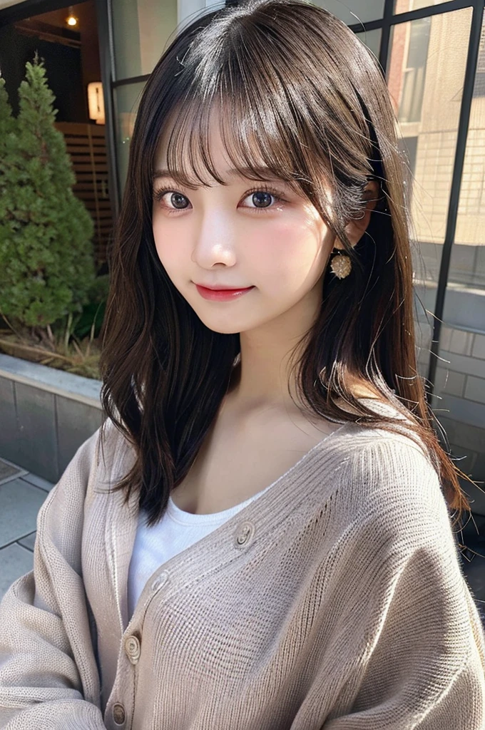 最high quality,Very detailed,finely,High resolution,8K壁紙,Perfect dynamic composition,Beautiful eyes,Young Japanese Woman,Age 25, Black Hair, thin, 4K, 8K, high quality, beauty, smile, Beautiful Eyes, Characterized by simplicity, High resolution,1 person,Japanese Idols,Puff out your cheeks,An angry look,smile,whole body,Drawn angle of view,cardigan,Smooth Hair