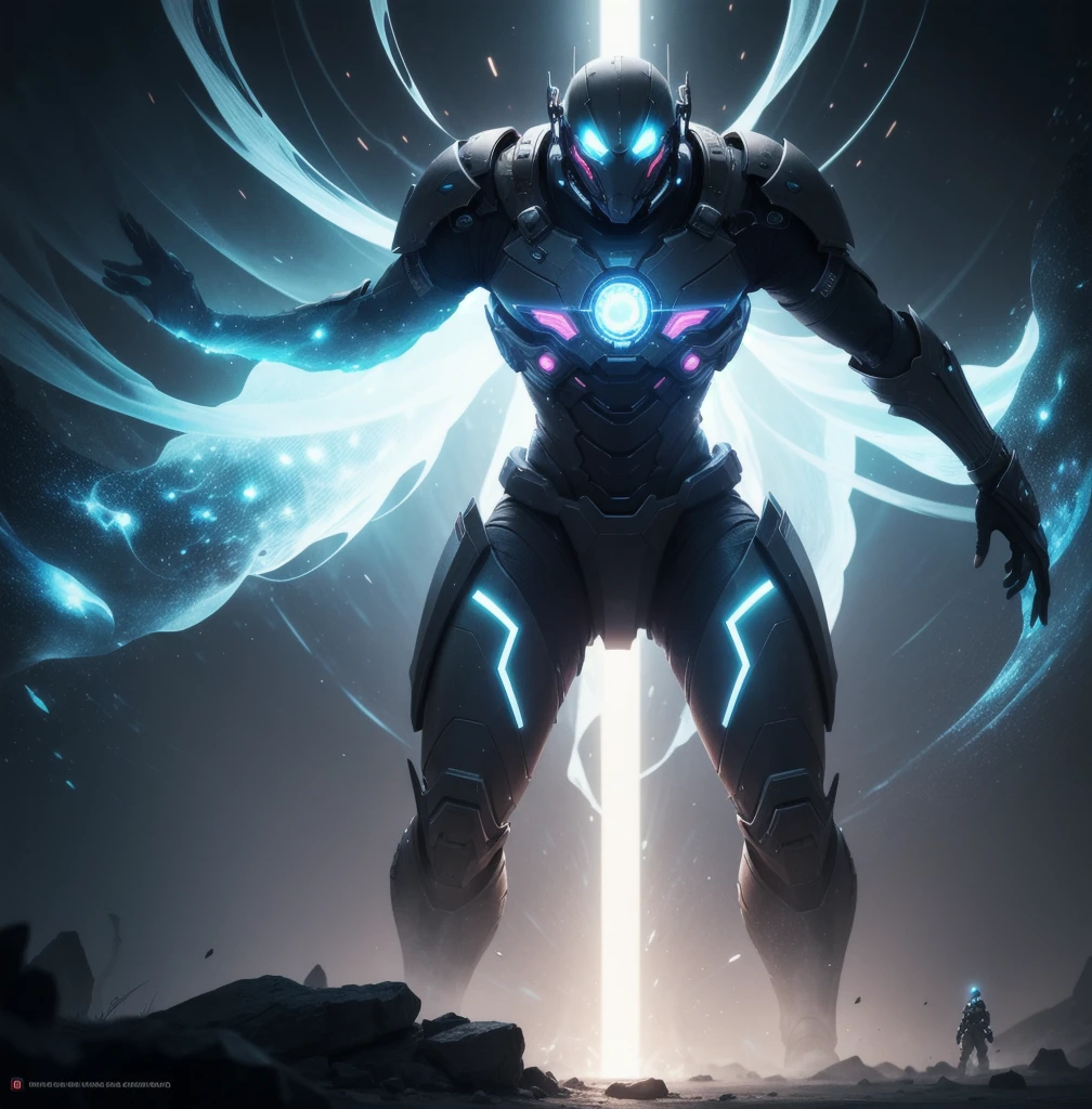 a dying voidwalker, detailed intelligent voidsuit, protectors of life across the galaxy, highly detailed, cinematic lighting, sci-fi, hyperrealistic, 8k, intricate details, dramatic pose, dark glowing energy effects, dark bioluminescent details, otherworldly anatomy, ethereal atmosphere, rich color palette, chiaroscuro lighting, seamless integration, photorealistic. a galactic hero for life