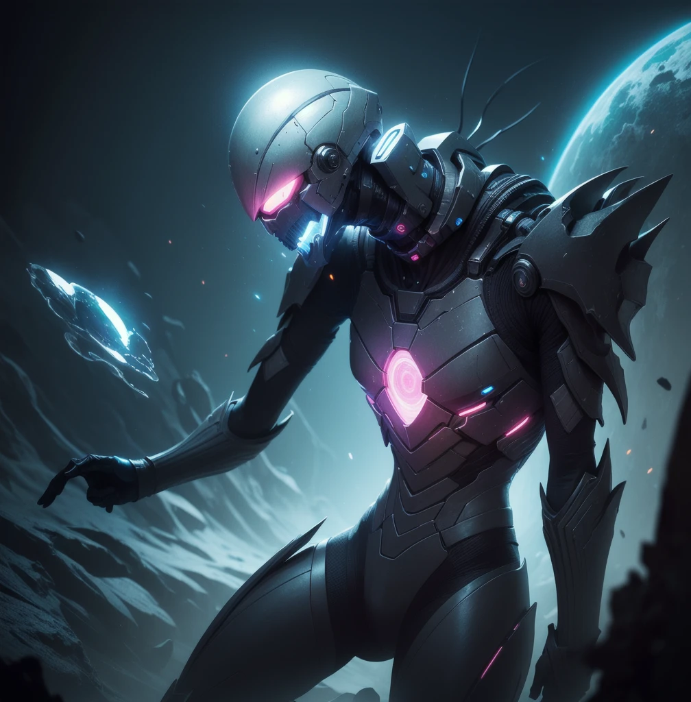 a dying voidwalker, detailed intelligent voidsuit, protectors of life across the galaxy, highly detailed, cinematic lighting, sci-fi, hyperrealistic, 8k, intricate details, dramatic pose, dark glowing energy effects, dark bioluminescent details, otherworldly anatomy, ethereal atmosphere, rich color palette, chiaroscuro lighting, seamless integration, photorealistic. a galactic hero for life