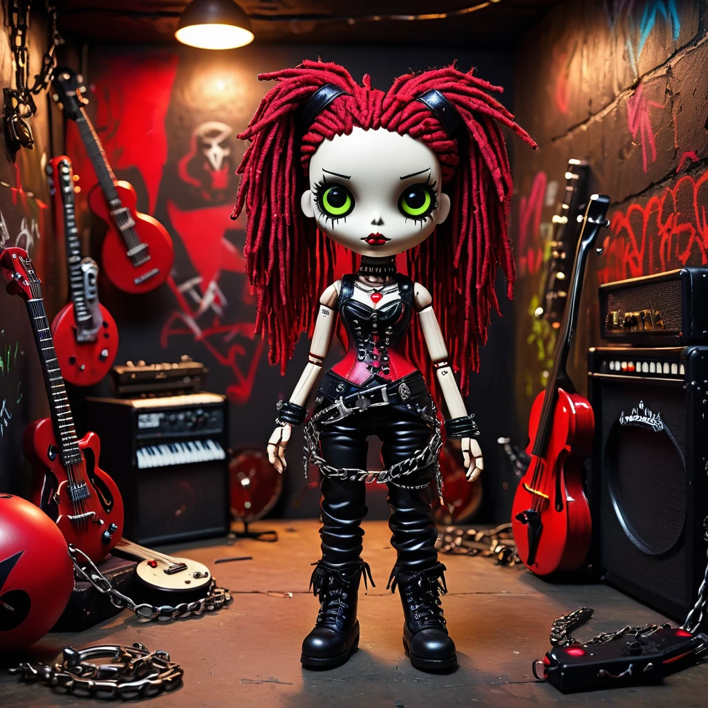 (knitted toy voodoo doll:1.2), (Voodoo Gothic Punk:1.3), (Clothing Black leather pants, red and black corset, massive chains and rivets:1.0), (in the background Dark basement with neon graffiti on the walls and scattered musical instruments:1.2), best quality, masterpiece, detailed soft oil painting, detailed background, dramatic cinematic lighting, soft edge lighting, professional, dramatic lighting, hard edge lighting, ultra quality, 4k, masterpiece, best quality, 8k, ultra high definition, high resolution, extremely detailed