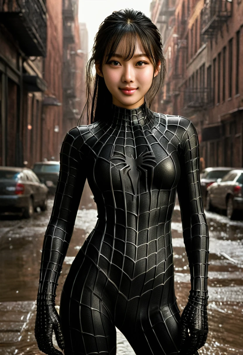 score_9, score_8_up, score_7_up, best quality, realistic, masterpiece, beautiful detail, hyperrealistic, (1girl, woman body, large breast, smile), amazing detailed full body portrait of a beautiful ulzzang girl, wearing a realistic and highly detailed black raimi spider-man suit, ((huge muscular girl)), professional model wears ultra - detailed black raimi spider - man suit, ultra - detailed and grained black raimi spiderman suit, suit covered entire body and hand, black spiderman gloves, wet, (cute pose), (full body), (dirty skin), close up, octane render, highly detailed, volumetric, dramatic lighting, (highest quality:1.1), (HDR:1.3), (top quality, best quality), realistic, high definition,
