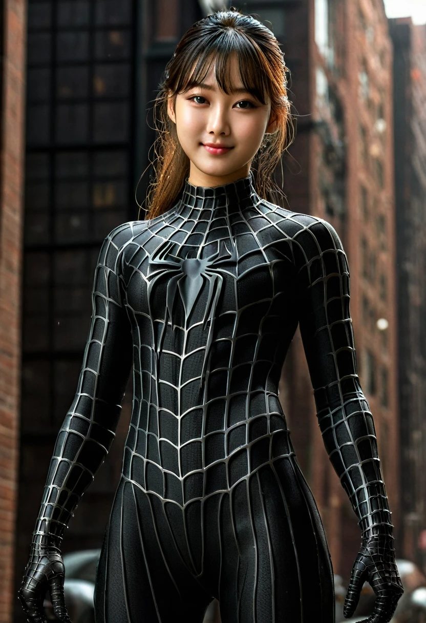 score_9, score_8_up, score_7_up, best quality, realistic, masterpiece, beautiful detail, hyperrealistic, (1girl, woman body, large breast, smile), amazing detailed full body portrait of a beautiful ulzzang girl, wearing a realistic and highly detailed black raimi spider-man suit, ((huge muscular girl)), professional model wears ultra - detailed black raimi spider - man suit, ultra - detailed and grained black raimi spiderman suit, suit covered entire body and hand, black spiderman gloves, wet, (cute pose), (full body), (dirty skin), close up, octane render, highly detailed, volumetric, dramatic lighting, (highest quality:1.1), (HDR:1.3), (top quality, best quality), realistic, high definition,
