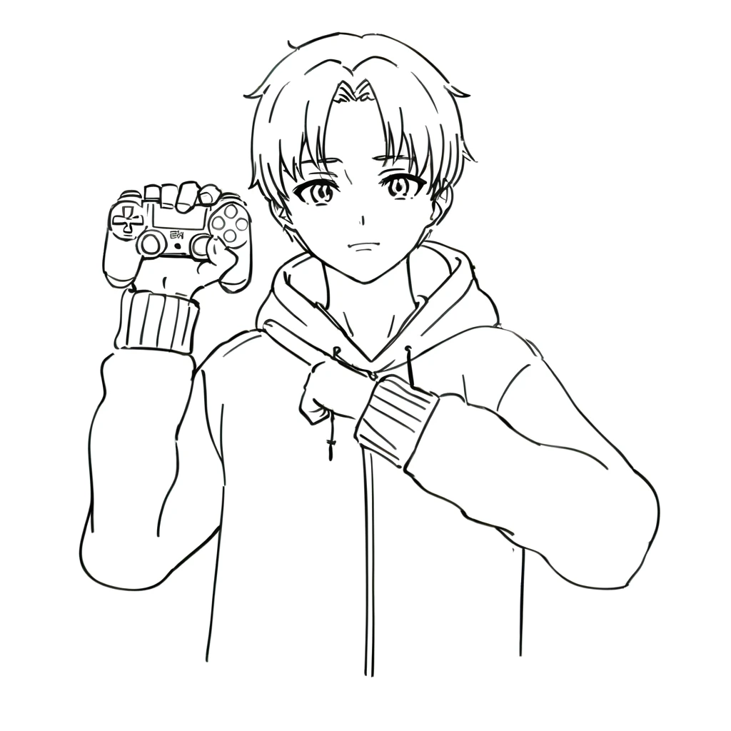 Drawing of a man, holding a video game controller, line art!!, clean anime outlines, clean linear, perfect linear, simple linear, young anime fan, anime style character, male anime character, linear, with index finger, Kentaro Miura in manga style, manga style by Kentaro Miura, thick linear, Beautiful anime pose