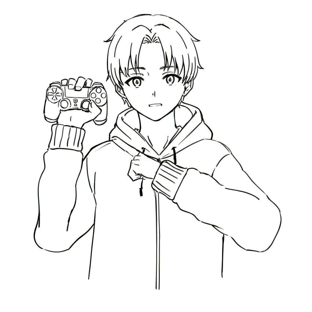 Drawing of a man, holding a video game controller, line art!!, clean anime outlines, clean linear, perfect linear, simple linear, young anime fan, anime style character, male anime character, linear, with index finger, Kentaro Miura in manga style, manga style by Kentaro Miura, thick linear, Beautiful anime pose
