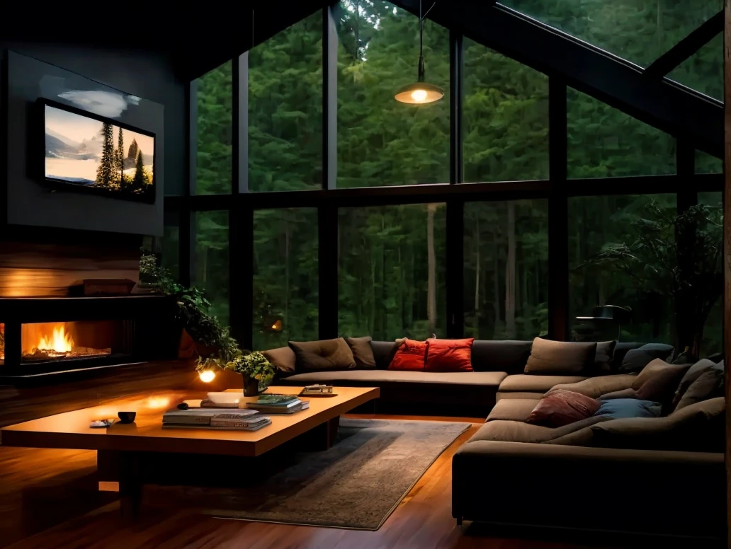 A Double-height ceiling living room with a large, floor-to-ceiling window. cozy ambiance with a television.outside is dark and rainy with trees. Relaxing environment 