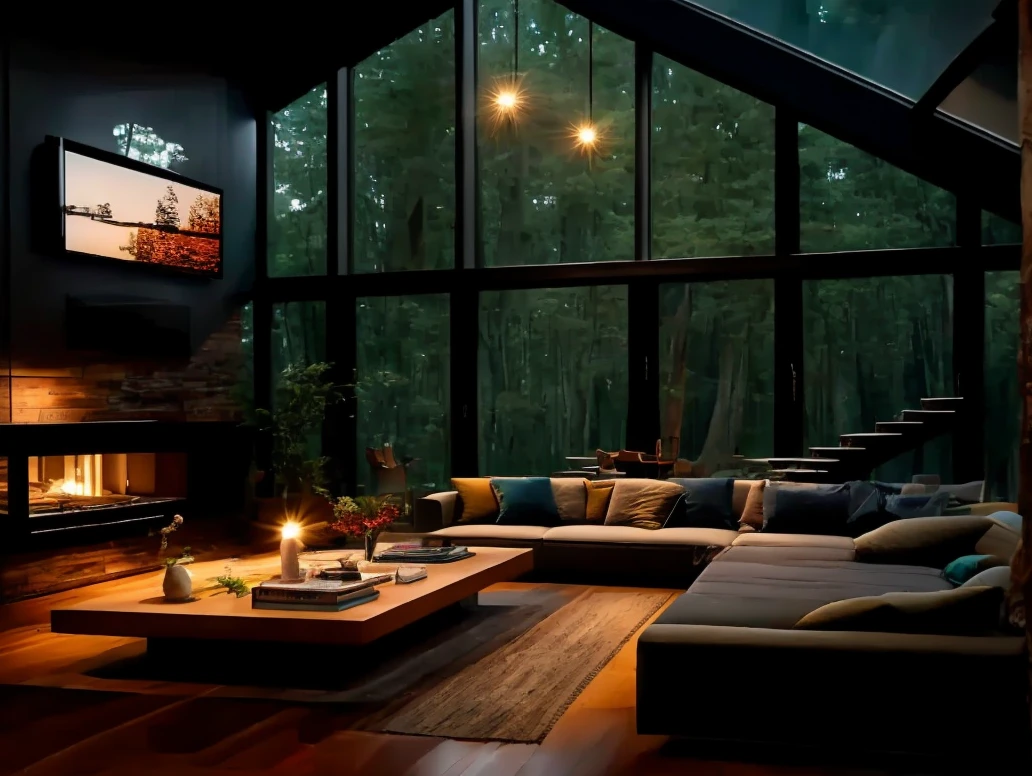 A Double-height ceiling living room with a large, floor-to-ceiling window. cozy ambiance with a television.outside is dark and rainy with trees. Relaxing environment