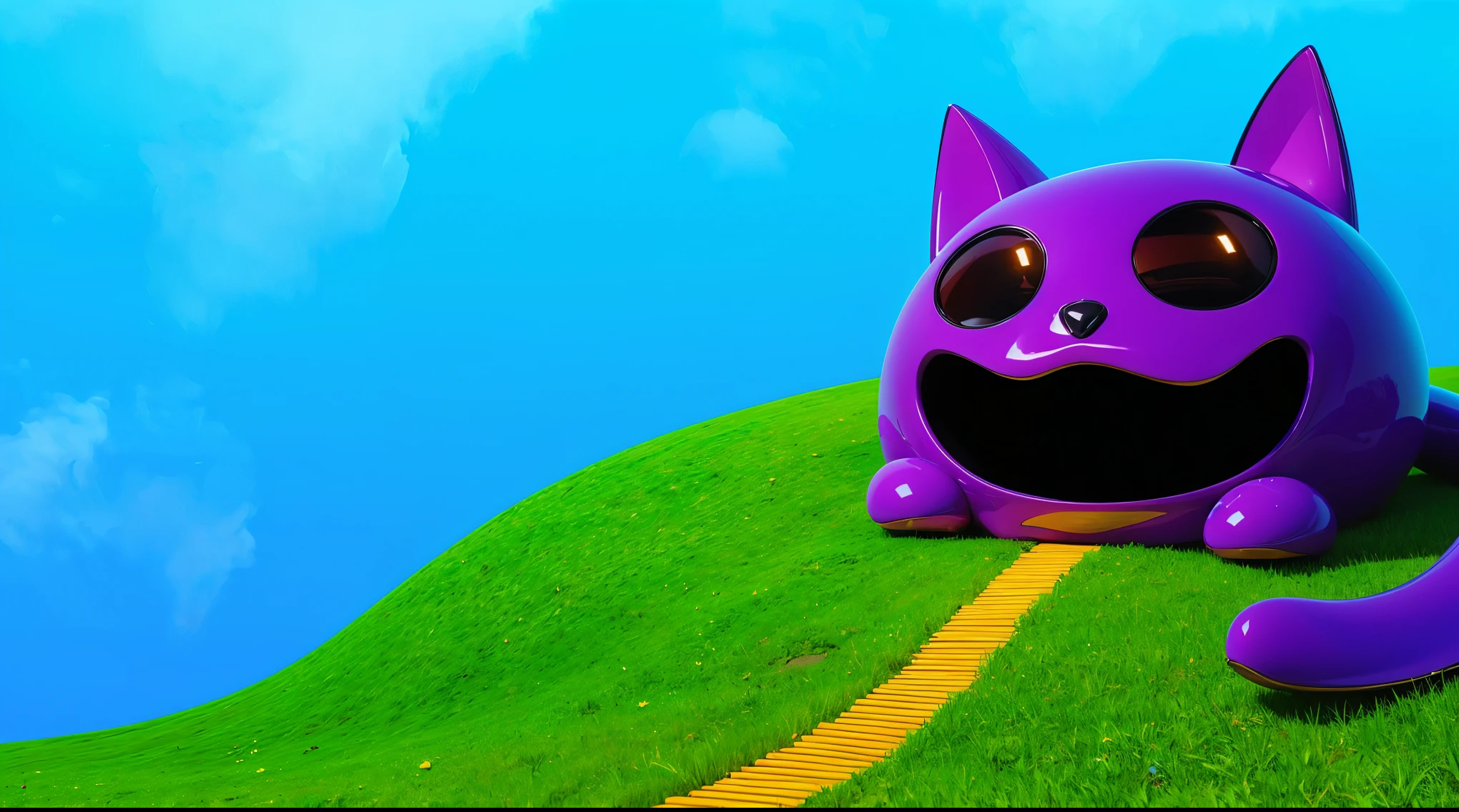 The image depicts a whimsical house designed to resemble a shiny purple cat with a wide, joyful expression. The house is rounded with exaggerated cat features, including large, pointy ears, big black eyes, and a wide-open mouth forming a comical and inviting entrance. The structure sits on a vibrant green hill, with an orange pathway leading up to it, giving a playful and imaginative atmosphere. The sky is a clear blue, enhancing the bright and cheerful scene. The overall design combines creativity and fun, making the house look like a lively, animated character. Create цветной рендеринг zbrush. perfect cgi, cgi art created only with gradients, smooth silhouette, Create ultra sharp skin, high intensity refraction, (plastic material), most beautiful vfx, blue background, plastic refractions, glossy texture, smooth 3d model, multiple light sources, rim light, sharp post effects render, (glossy plastic texture with multiple big light probe refractions), perfect cgi, cgi art created only with gradients, smooth silhouette, high intensity refraction, (plastic material), most beautiful vfx, blue background, plastic refractions
