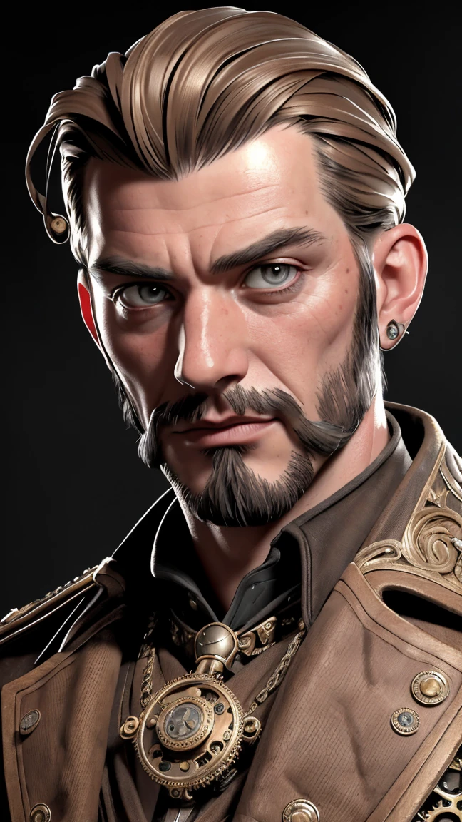 a photorealistic portrait of Wilhelm Maybach, steampunk style, highly detailed, intricate mechanical gears and details, rugged facial features, piercing eyes, intense gaze, wearing a vintage suit, sepia-toned, dramatic lighting, industrial background, (best quality,4k,8k,highres,masterpiece:1.2),ultra-detailed,(realistic,photorealistic,photo-realistic:1.37)