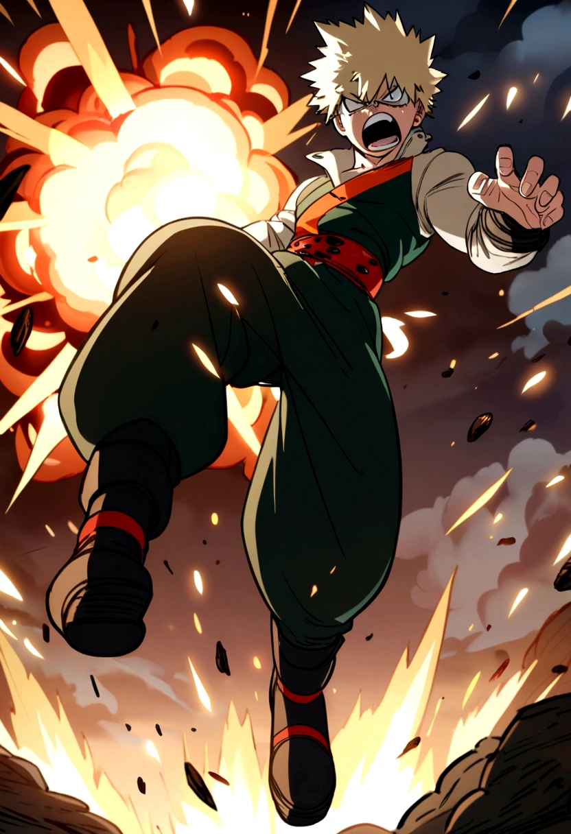 Bakugo from my hero academia, anime clothes, full body, explosion, angry face.