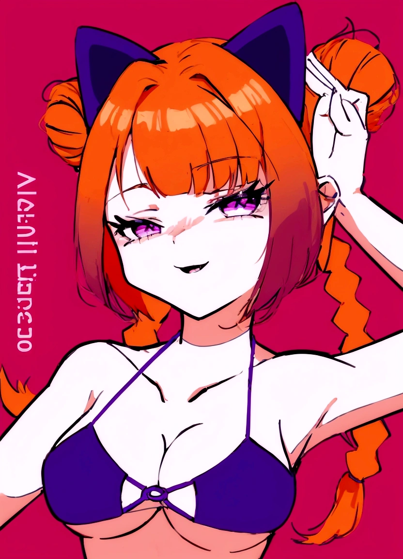 anime girl with orange hair and purple bra top posing for a picture, mihoyo art style, juri misaki, anime style portrait, anime moe artstyle, marin kitagawa fanart, in an anime style, anime catgirl, digital anime art!!, anime art style, anime style character, in anime style, cute anime catgirl
