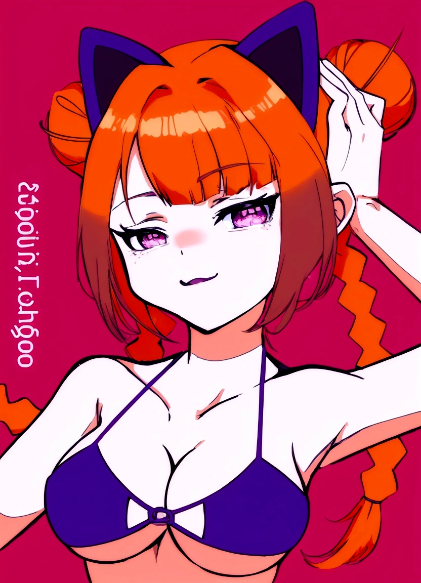 anime girl with orange hair and purple bra top posing for a picture, mihoyo art style, juri misaki, anime style portrait, anime moe artstyle, marin kitagawa fanart, in an anime style, anime catgirl, digital anime art!!, anime art style, anime style character, in anime style, cute anime catgirl