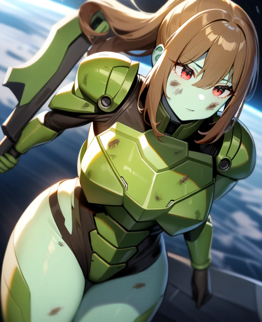 1girl,solo,red eyes,((brown hair:1.5)),green power armor,ponytail,((pale green skin)),green chest armor,cowboy shot,in space ship,zero gravity,Science fiction,ultra-detailed,sharp focus,aesthetic,(best quality), carrying purple halberd, tall woman, battle damage, giantess