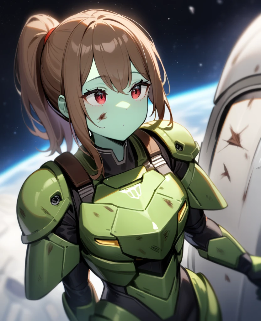 1girl,solo,red eyes,((brown hair:1.5)),green power armor,ponytail,((pale green skin)),green chest armor,cowboy shot,in space ship,zero gravity,Science fiction,ultra-detailed,sharp focus,aesthetic,(best quality), carrying purple halberd, tall woman, battle damage, giantess