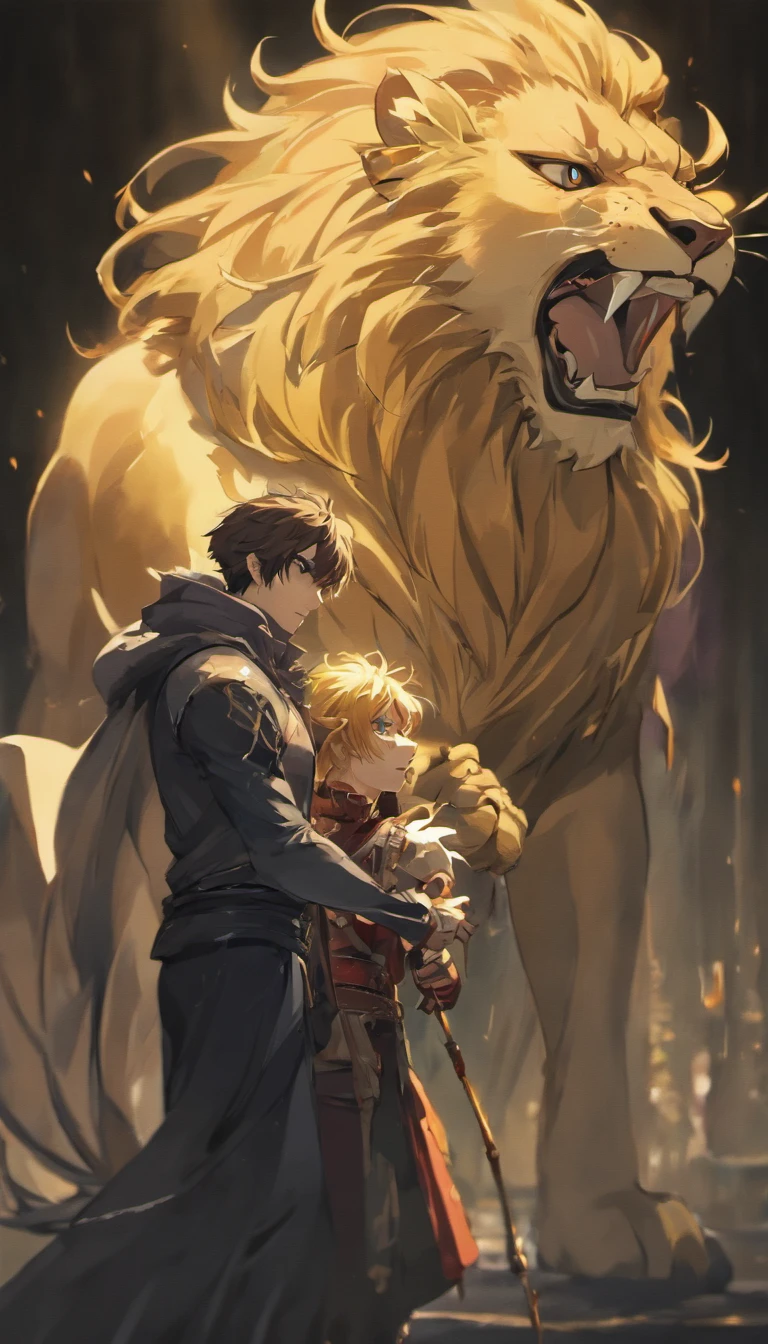 a detailed lion head, two men facing each other, holding daggers, dramatic lighting, cinematic composition, dark fantasy, moody atmosphere, intricate details, chiaroscuro lighting, high contrast, dramatic shadows, intense expression, photo-realistic, 8k, best quality, masterpiece