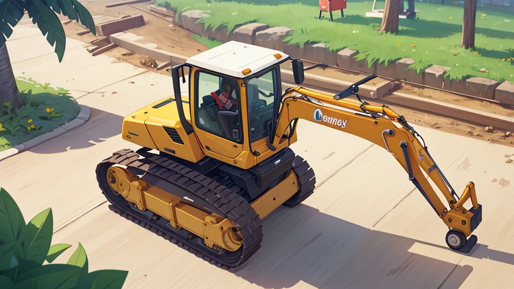 An excavator is on a busy construction site, disney, Animal Crossing, Bird's-eye view,