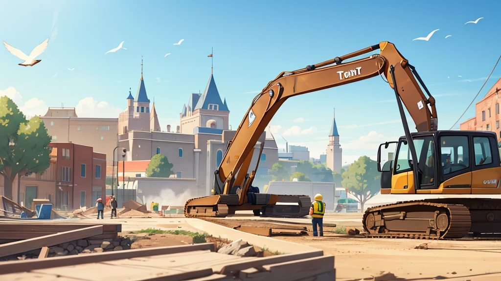 An excavator is on a busy construction site, disney, Animal Crossing, Bird's-eye view, 