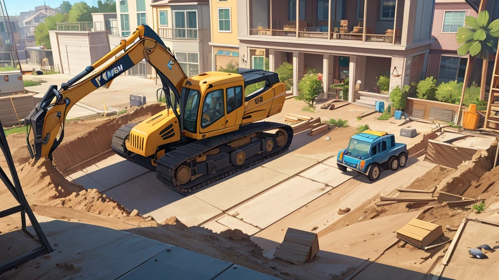 An excavator is on a busy construction site, disney, Animal Crossing, Bird's-eye view,